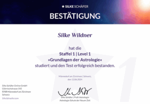 Silke Wildner, Zertifikat über erfolgreich bestandenes Studium »Grundlagen der Astrologie« bei Silke Schäfer