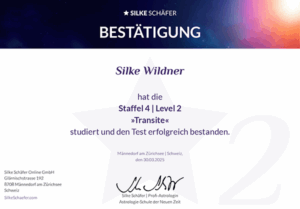 Silke Wildner, Zertifikat über erfolgreich bestandenes Studium »Transite« bei Silke Schäfer