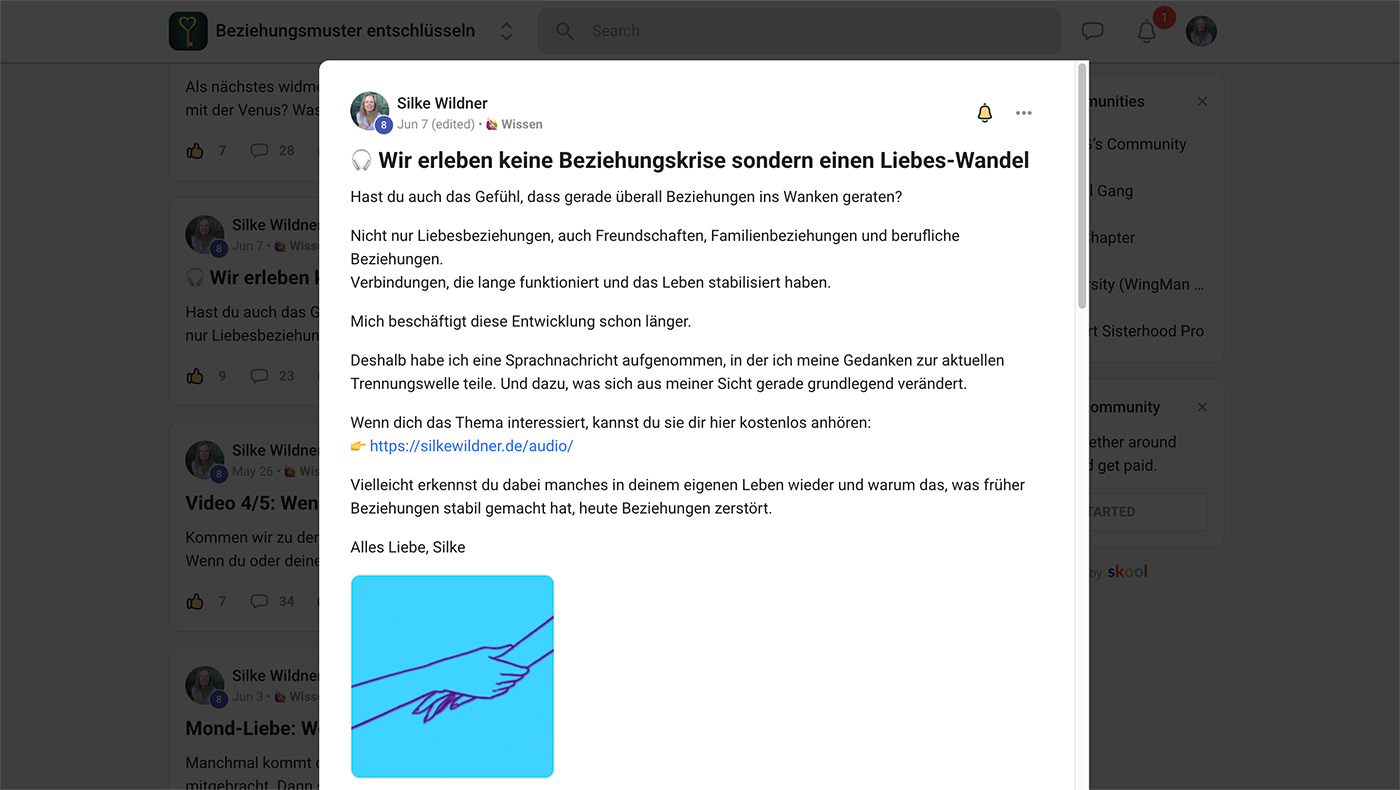 Einblick in die Community „Beziehungsmuster entschlüsseln“ mit einem Beitrag über den Wandel von Beziehungen und persönliche Orientierung.