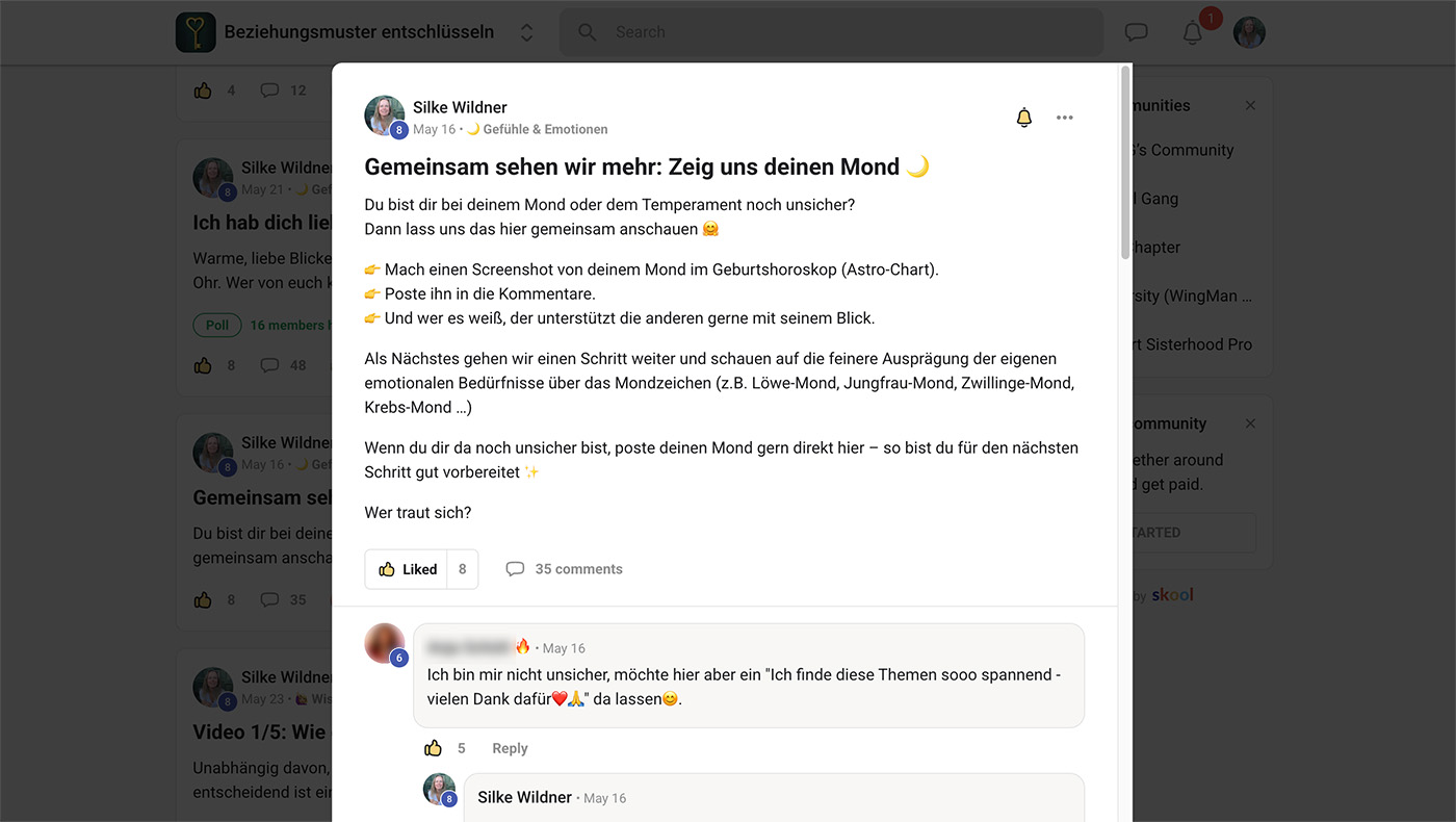 Einblick in die Community „Beziehungsmuster entschlüsseln“ mit einer Mitmach-Aktion und persönlichem Austausch zu astrologischen Beziehungsmustern.