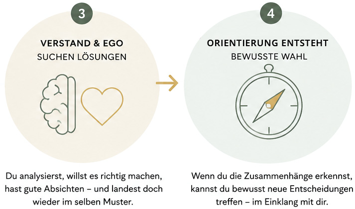 Erklärgrafik zu Beziehungsmustern: Verstand und Gefühle suchen nach Lösungen. Orientierung entsteht, wenn unbewusste Zusammenhänge erkannt werden.